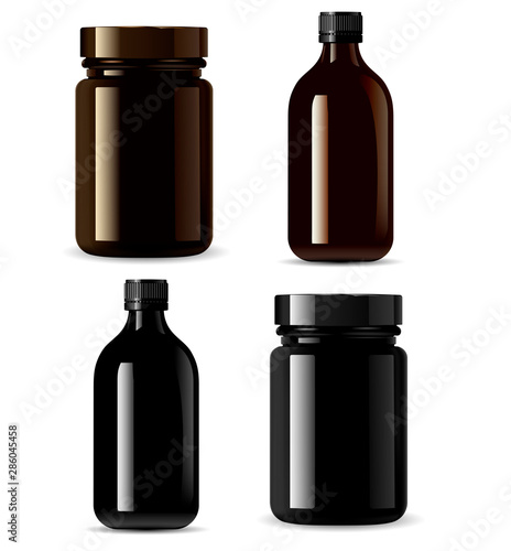 Medicine Bottle Mockup. Black Cosmetic Packaging Container Blank. Realistic 3d Illustration Design. Treatment Vial. Medical Drug Container. Aronatherapy or Essence Flacon
