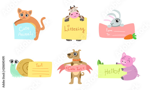 Cute Animals Holding Banners Set, Adorable Happy Cartoon Characters Standing with Blank Sheets of Paper, Cat, Cow, Snail, Rabbit, Dog, Piglet, Pig Vector Illustration