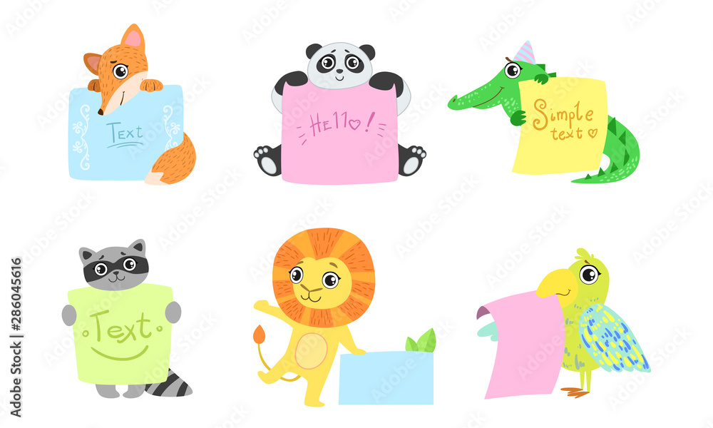 Cute Animals Holding Banners Set, Adorable Happy Cartoon Characters Standing with Blank Sheets of Paper, Fox, Panda Bear, Crocodile, Raccoon, Lion, Exotic Bird Vector Illustration