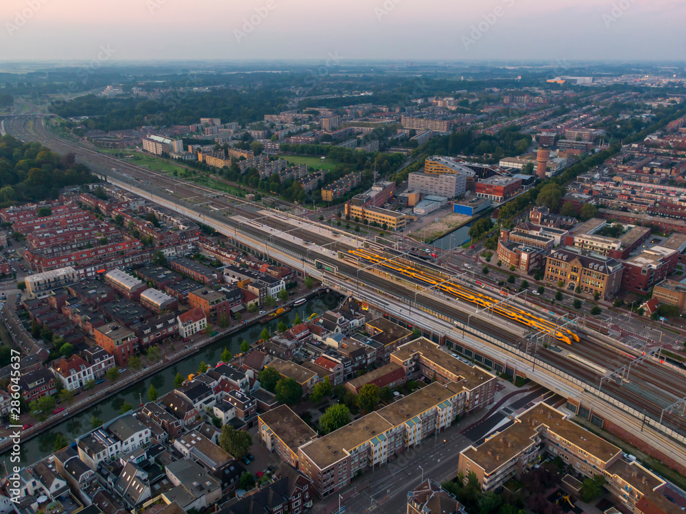 Aerial image of intercity trains at Utrecht Vaartsche Rijn railway station