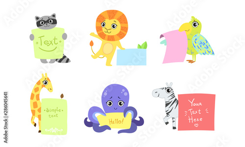Cute Animals Holding Banners Set, Adorable Happy Cartoon Characters Standing with Blank Sheets of Paper, raccoon, Lion, Bird, Giraffe, Octopus, Zebra Vector Illustration