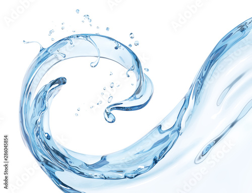 Splash water, drink illustration, abstract swirl background, 3d rendering