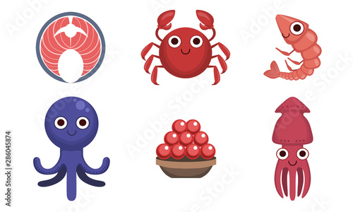 Seafood Market Assortiment Set, Freshness Sea Products, Octopus, Crab, Shrimp, Salmon, Caviar, Squid Vector Illustration
