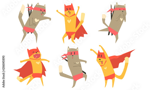 Ninja Dog and Cat Characters Set, Funny Superhero Animals Vector Illustration © topvectors