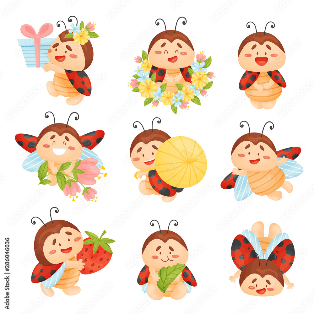 Fototapeta premium Set of cartoon ladybugs. Vector illustration on a white background.