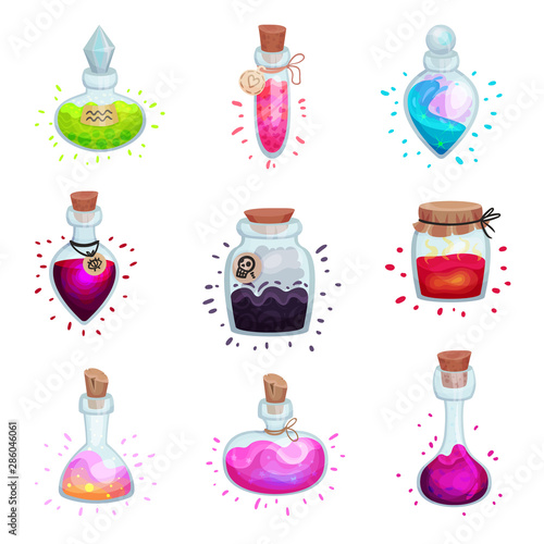 Set of glass flasks with potions. Vector illustration on a white background.