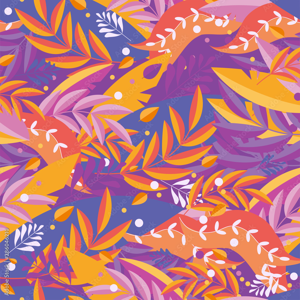 Fototapeta premium Seamless pattern of red and orange leaves, flowers and grass. Bright autumn background in vector. Textile, fabric, wrapping paper, web sites, design any surface. Naive, simple