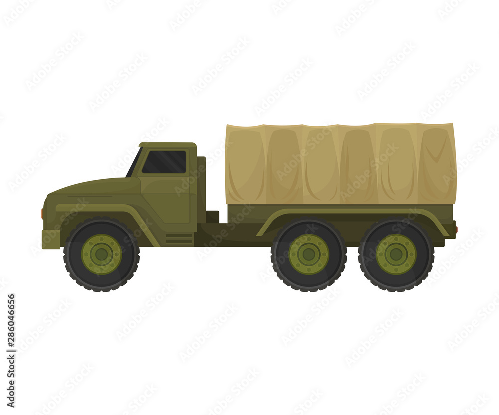 Military truck with a closed trailer. Vector illustration on a white background.
