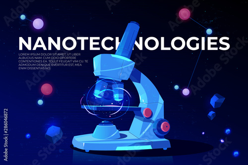 Nanotechnologies cartoon vector conceptual banner, poster with lab microscope and micro world elementary particles, atoms or molecules illustration. Modern science innovative technology concept
