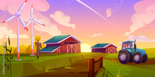 Smart and organic farming, future ecological agriculture cartoon vector concept with tractor going on rural road, wind turbines working in field, wooden barns with solar panels on roof illustration