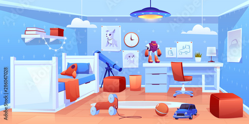 Preschooler boy comfortable bedroom interior in blue, red colors with bed, soft ottomans, cute animal pictures on wall, chair near desk, telescope, toys and carpet on floor cartoon vector illustration