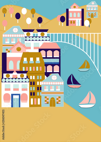 Colorful city, boats and bridge illustration