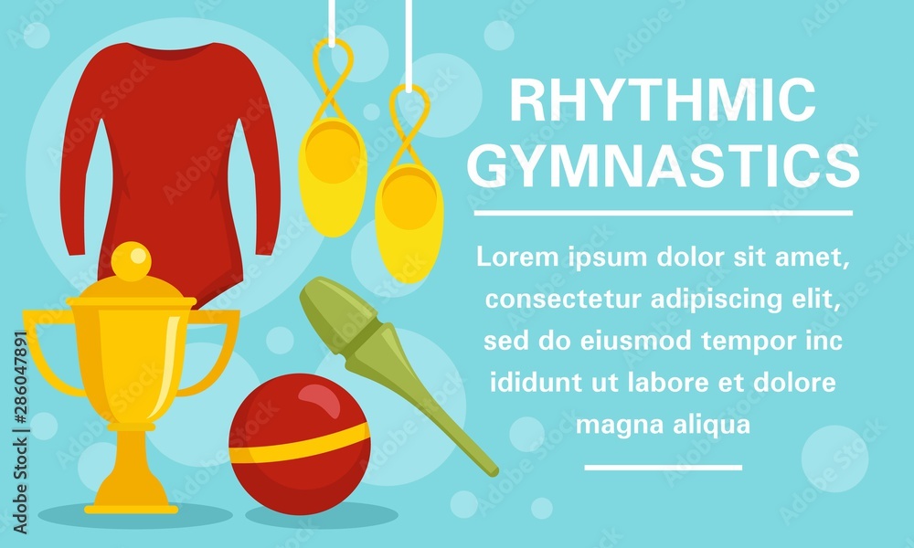 Rhythmic gymnastics equipment concept banner. Flat illustration of rhythmic  gymnastics equipment vector concept banner for web design Stock Vector