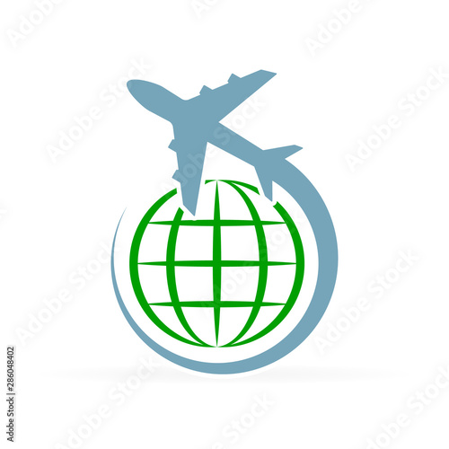 Logo design with airplane that flies around the earth or globe. Eco word.