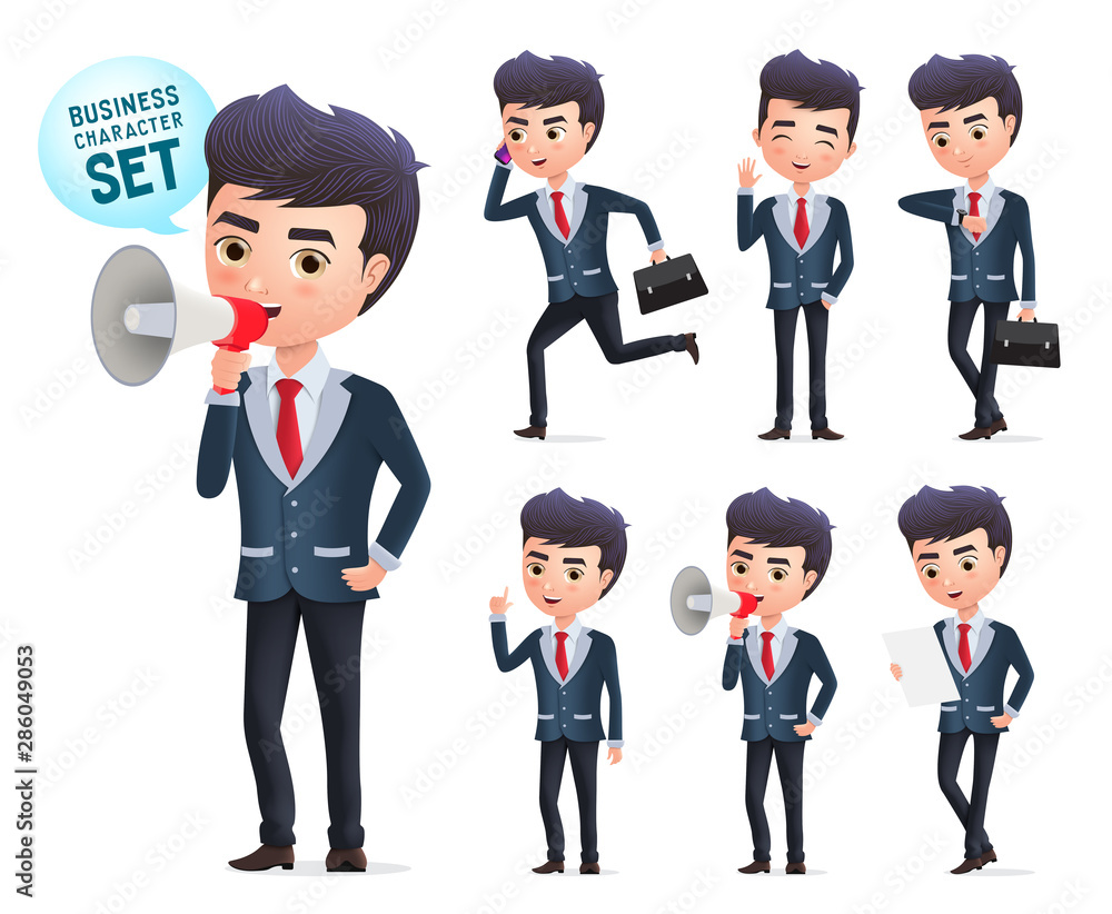 Male business vector character set. Business man office employee characters standing and holding megaphone while announcing with different pose isolated in white background. Vector Illustration. Male business vector character set. Business man office employee characters standing and holding megaphone while announcing with different pose isolated in white background. Vector Illustration.