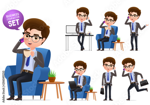 Business manager vector characters set. Sitting business manager character talking in mobile phone isolated in white background. Vector Illustration.