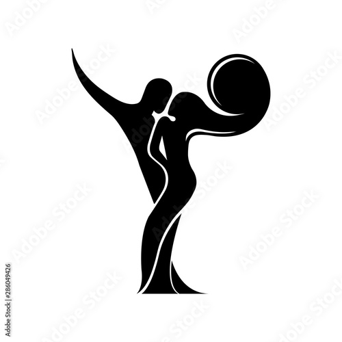 Black and white silhouette of a dancing couple in vector. Monochrome logo for dance Studio. Latin, ballroom dancing. Label, sign, sticker.