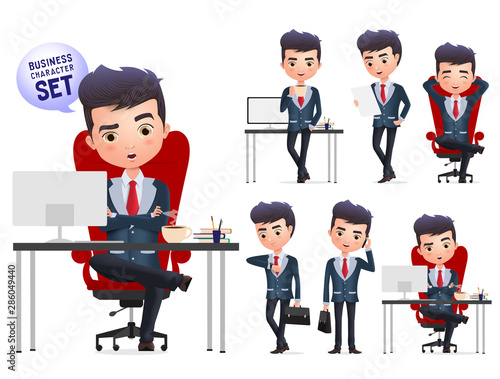 Business manager character vector set. Business boss or professional manager characters sitting and relaxing isolated in white background. Vector Illustration.