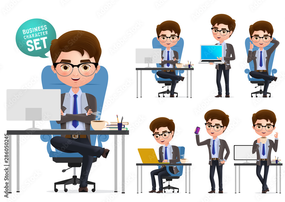 Business office desk vector character set. Business man character sitting and working in office desk and talking set isolated in white background. Vector illustration. Business office desk vector character set. Business man character sitting and working in office desk and talking set isolated in white background. Vector illustration.