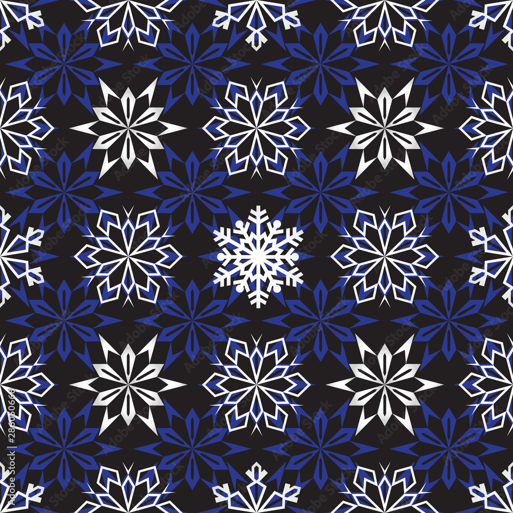Seamless pattern of snowflakes on a dark blue background, new year snowfall, vector illustration Seamless pattern of snowflakes on a dark blue background, new year snowfall, vector illustration