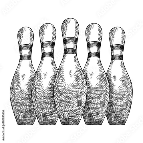 Items for bowling five skittles stand in a row. Pencil sketch.