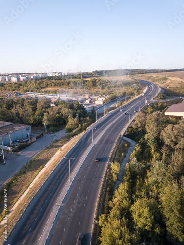 Countryside road and scenery aerial view. Summer Countryside Road and Agriculture land, path, landscape, above, farming, empty, transportation, aerial view