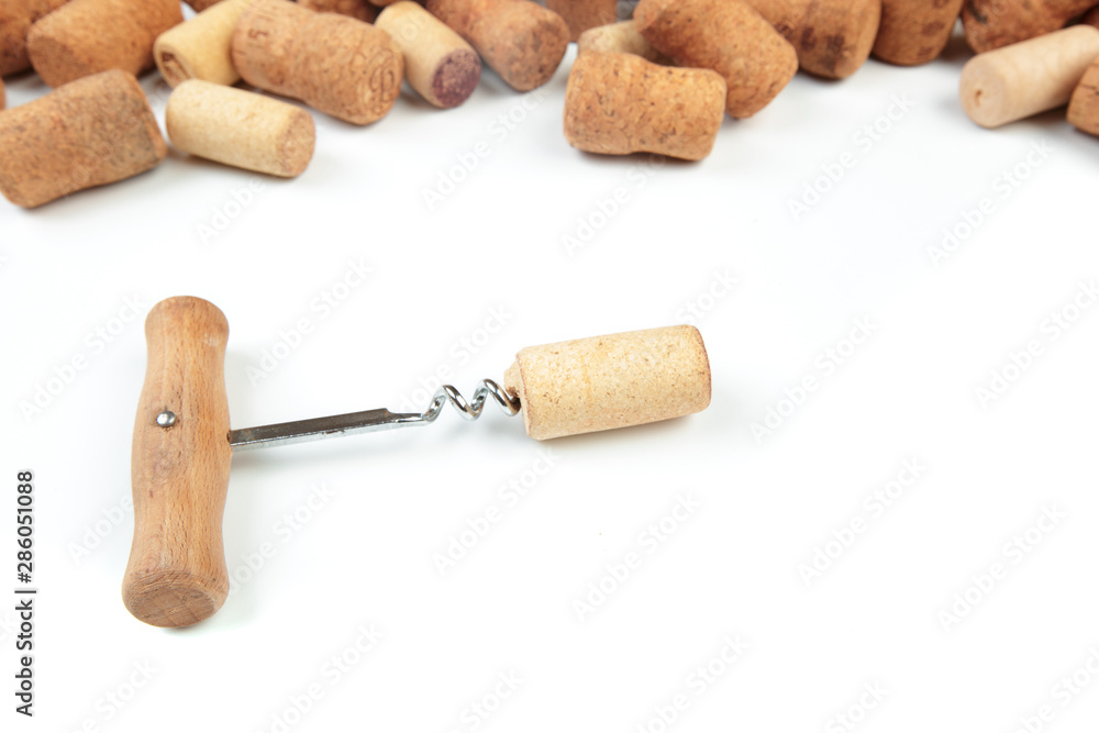 corkscrew and wine cork isolated on white background - Image corkscrew and wine cork isolated on white background - Image