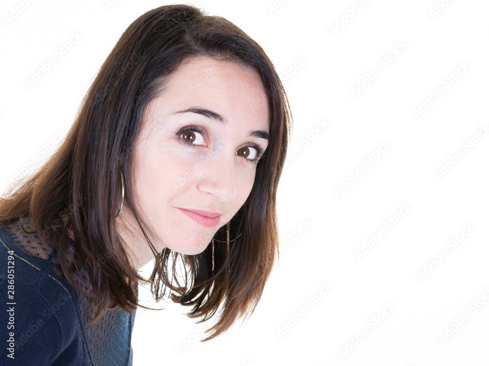 Cute natural brunette woman smiling isolated on white background Cute natural brunette woman smiling isolated on white background