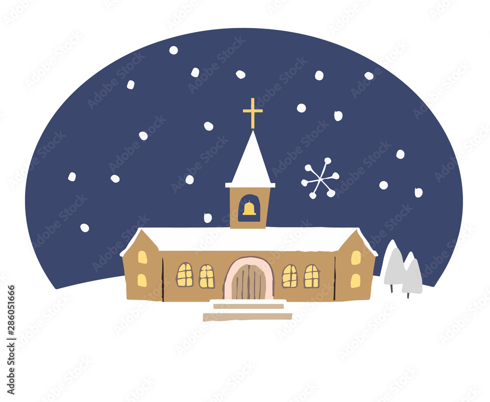 夜の教会と雪