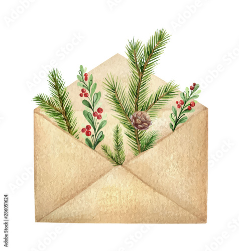 Watercolor vector postal envelope with green spruce branches and red berries.