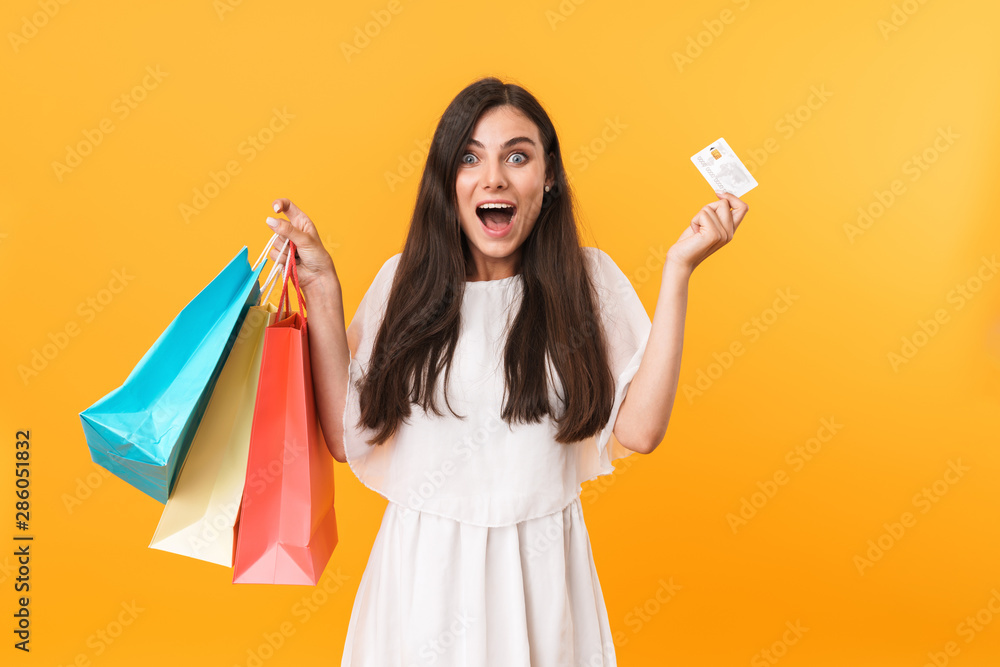 Portrait of delighted shopaholic woman wearing dress holding credit card and colorful shopping bags Portrait of delighted shopaholic woman wearing dress holding credit card and colorful shopping bags
