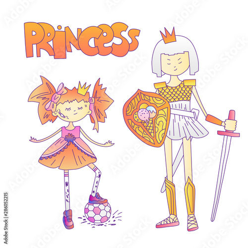 Bad girl cute cartoon illustration. Bad girl and princess warrior, feminist cartoon concept illustration. Bad tomboy girl with soccer ball, princess warrior in armour, sword and shield. Brave princess