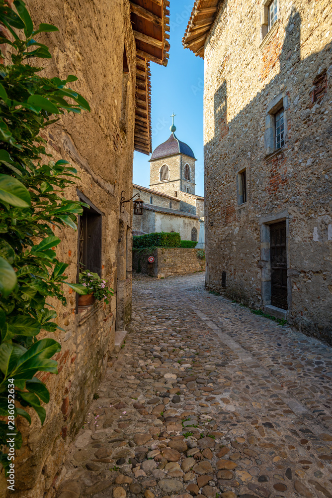 Narrow street framing a view of the church steeple, Perouges, F