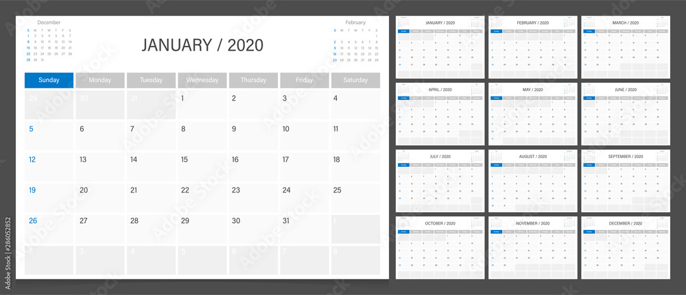 Calendar 2020 week start Sunday corporate design planner template. Calendar planner A4 size. Calendar 2020 week start Sunday corporate design planner template. Calendar planner A4 size.