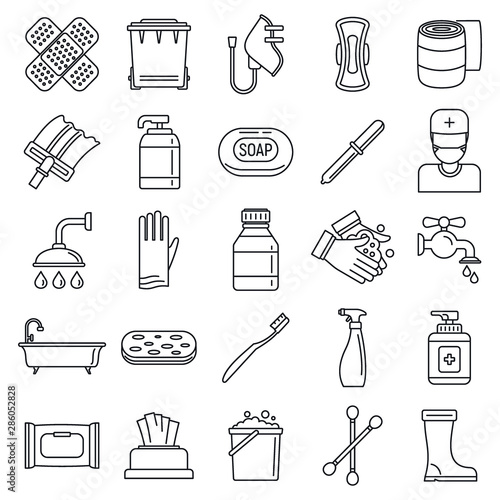 Sanitation disinfectant icons set. Outline set of sanitation disinfectant vector icons for web design isolated on white background