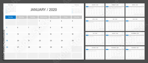 Calendar 2020 week start Sunday corporate design planner template. Calendar planner A4 size.