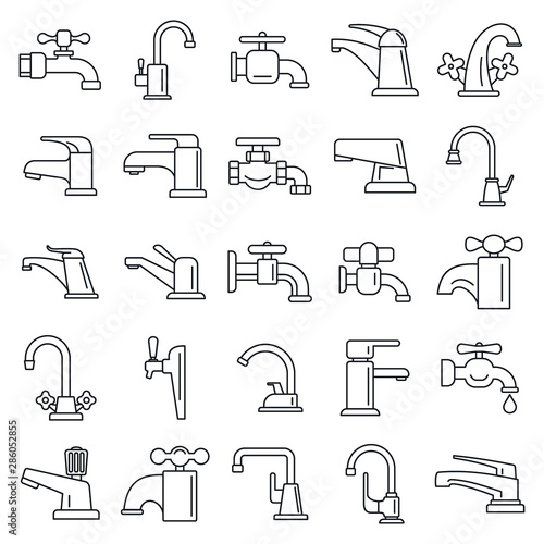 Water faucet icons set. Outline set of water faucet vector icons for web design isolated on white background