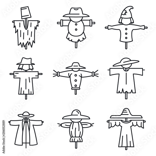 Farm scarecrow icons set. Outline set of farm scarecrow vector icons for web design isolated on white background