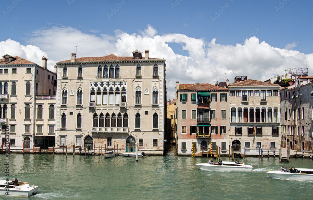 View across the Grand Canal in Venice towards the Palazzo Querini Dubois and smaller Palazzo Dona