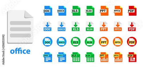 Collection of vector icons. File format extensions icons. XLSx, XLS, DOCx, DOC, PDF, PPTx, PPT Circle buttons flat design style
