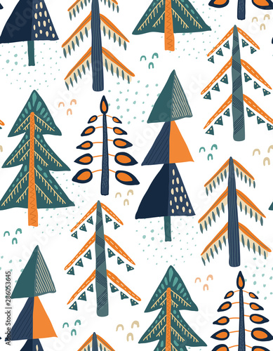 Vector seamless pattern with fir forest. Christmas background with spruce trees