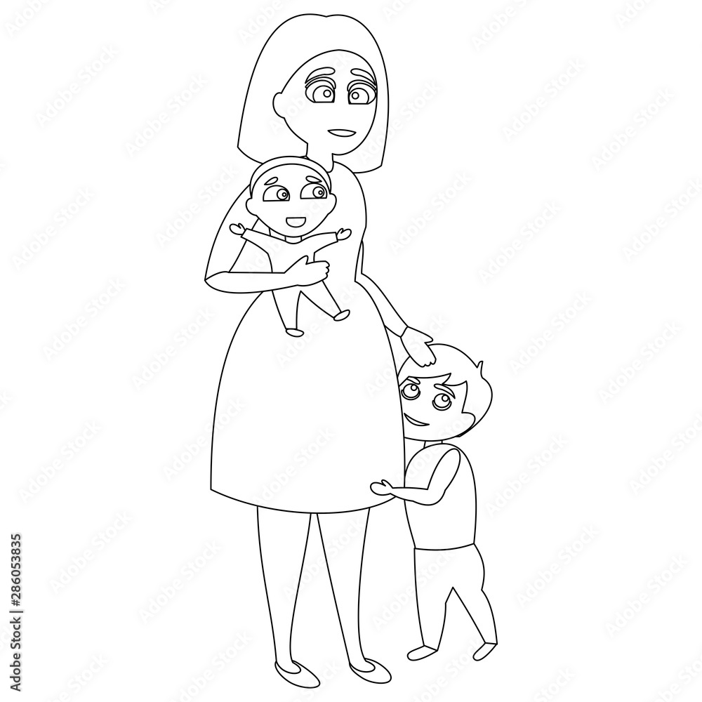 Mother with two children. She holds one in her arms and the other stands beside her. Vector illustration with continuous lines on white background. Mother with two children. She holds one in her arms and the other stands beside her. Vector illustration with continuous lines on white background.