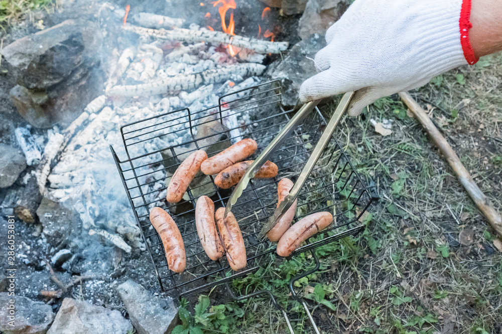 Fry sausages on a bonfire in the forest. Turn meat with tongs Fry sausages on a bonfire in the forest. Turn meat with tongs
