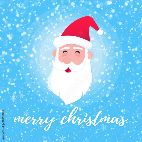 Santa Claus head with hat, beard and smiling face flat style character vector illustration. Christmas eve mascot symbol poster with text merry christmas isolated on light blue snow background