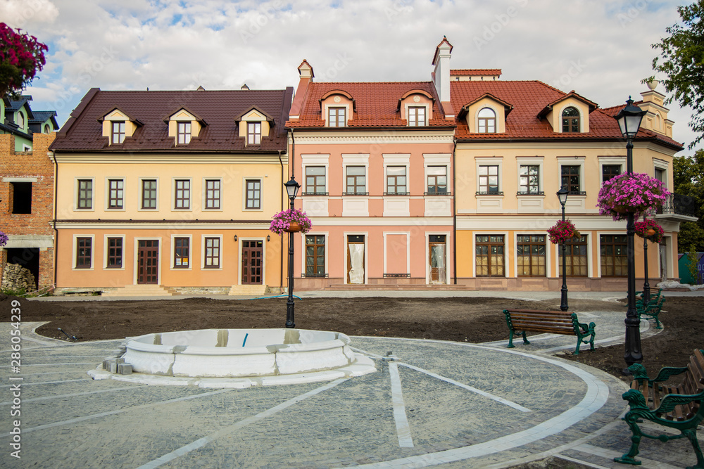 European small colorful houses exterior architecture facade in Ukraine 