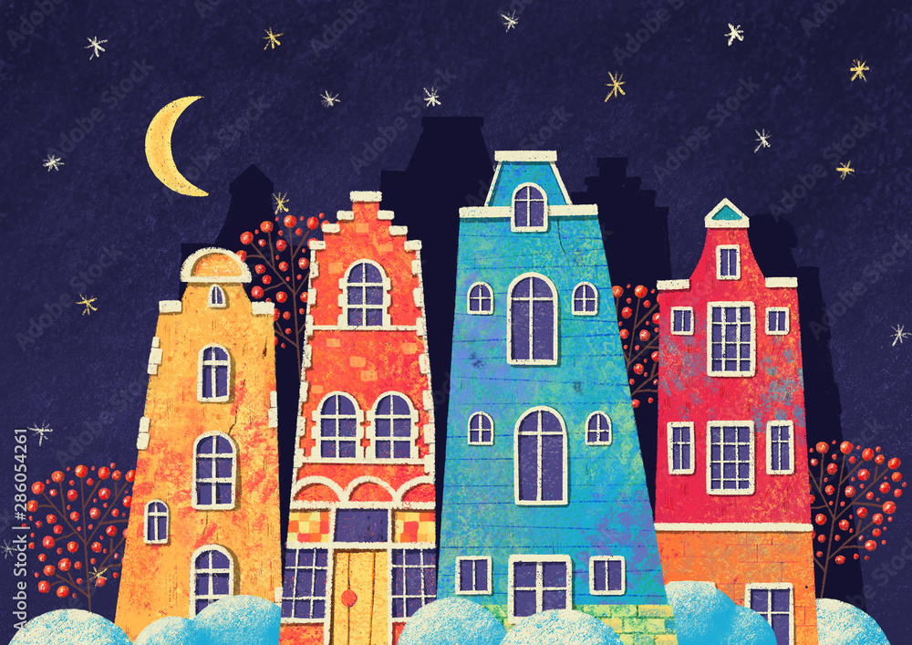 Night city street with houses, beriies, stars, moon and snow. Hand drawn illustration.