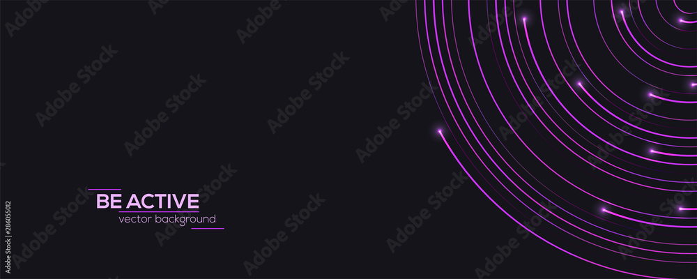 Modern banner with radial moving lines and glow on ends of lines. Dynamic flow on dark background with place for text. Abstract circular pattern moving flow. Optical art, vector design elements. Modern banner with radial moving lines and glow on ends of lines. Dynamic flow on dark background with place for text. Abstract circular pattern moving flow. Optical art, vector design elements.