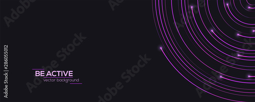 Modern banner with radial moving lines and glow on ends of lines. Dynamic flow on dark background with place for text. Abstract circular pattern moving flow. Optical art, vector design elements.