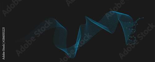 Blended twisted lines with glow on end. Dynamic flowing waves isolated on dark background. Abstract wavy spun pattern, optical flow. Optical art, vector design elements