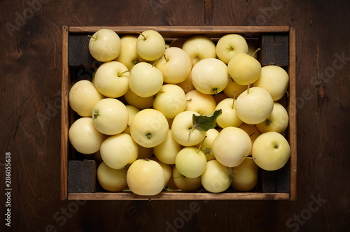 Obraz na płótnie Freshly harvested small apples in box on wooden background w salonie
